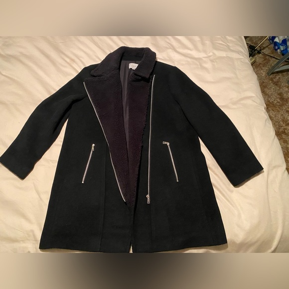 Loft Ann Taylor wool Sherpa moto zipper long black winter coat jacket oversized - Picture 5 of 12